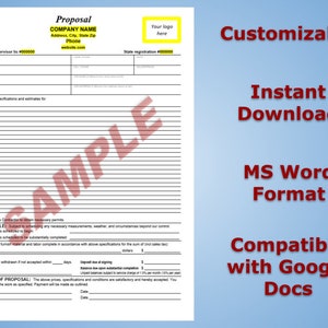 May include: A customizable proposal template in MS Word format, compatible with Google Docs. The template includes sections for work schedule, payment terms, and acceptance of proposal. The text "SAMPLE" is overlaid on the document.