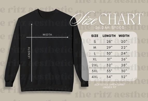 Gildan SF000 Size Chart, Unisex Softstyle Sweatshirt Size Chart
