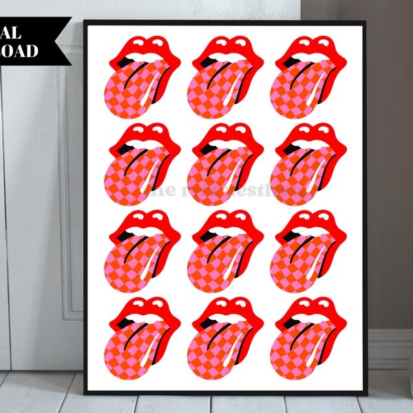 Rock N Roll Tongue Printable Wall Art, Wavy Checkerboard Mouth, Retro Lips Poster, Digital Download, Red Lips Art Print, Trendy Decor