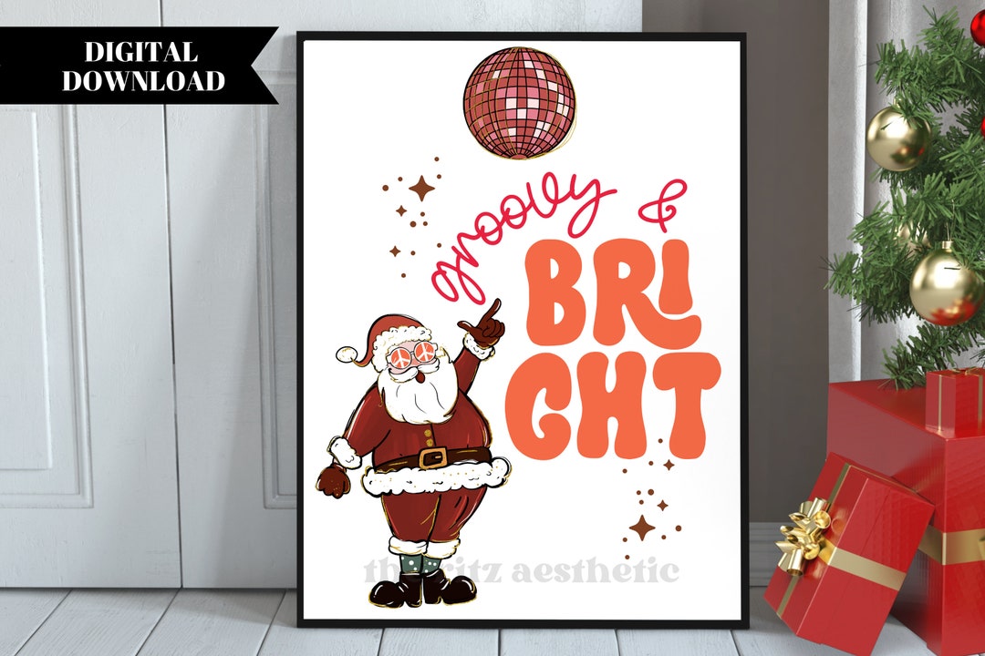 Groovy and Bright Retro Christmas Wall Art, Printable Holiday Wall