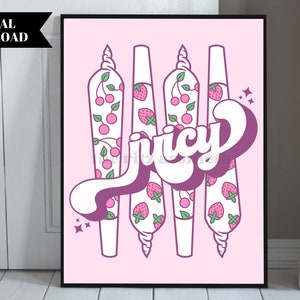 May include: Pink digital print with four purple and white stylized joints with a cherry and strawberry pattern. The text "juicy" is written in a purple retro font.