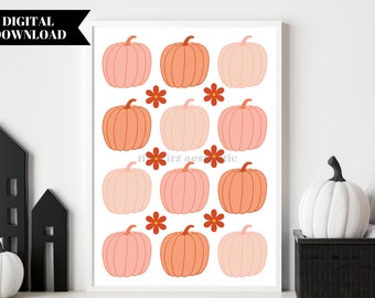 Retro Pastel Pumpkins Halloween Printable Wall Art, Halloween Printables, Digital Download, Halloween Home Decor, Fall Wall Art, Not Spooky
