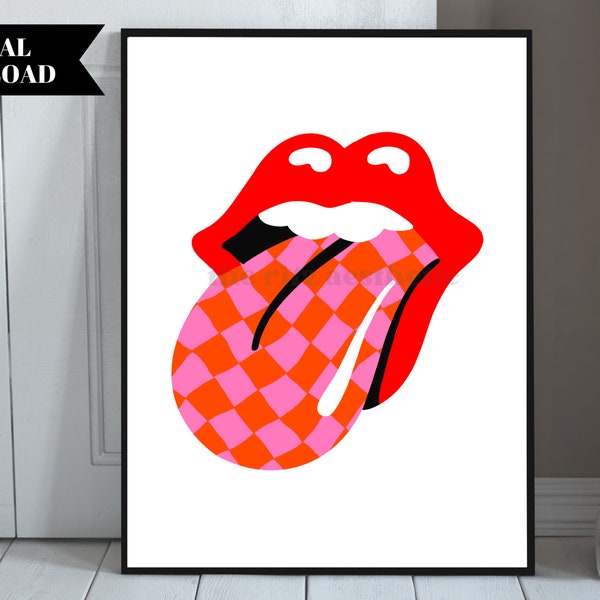 Rock N Roll Tongue Printable Wall Art, Wavy Checkerboard Mouth, Retro Lips Poster, Digital Download, Red Lips Art Print, Trendy Decor