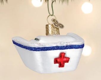 Adorno navideño de cristal del Viejo Mundo personalizado con gorro de enfermera
