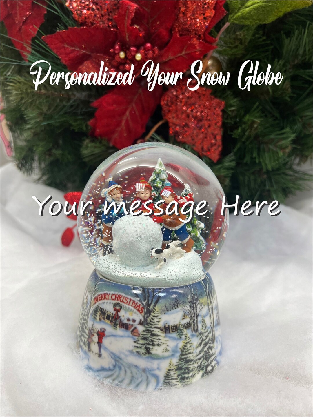 Custom Snow Globe Name or Your Message Roman 5.5 Red, Green and White