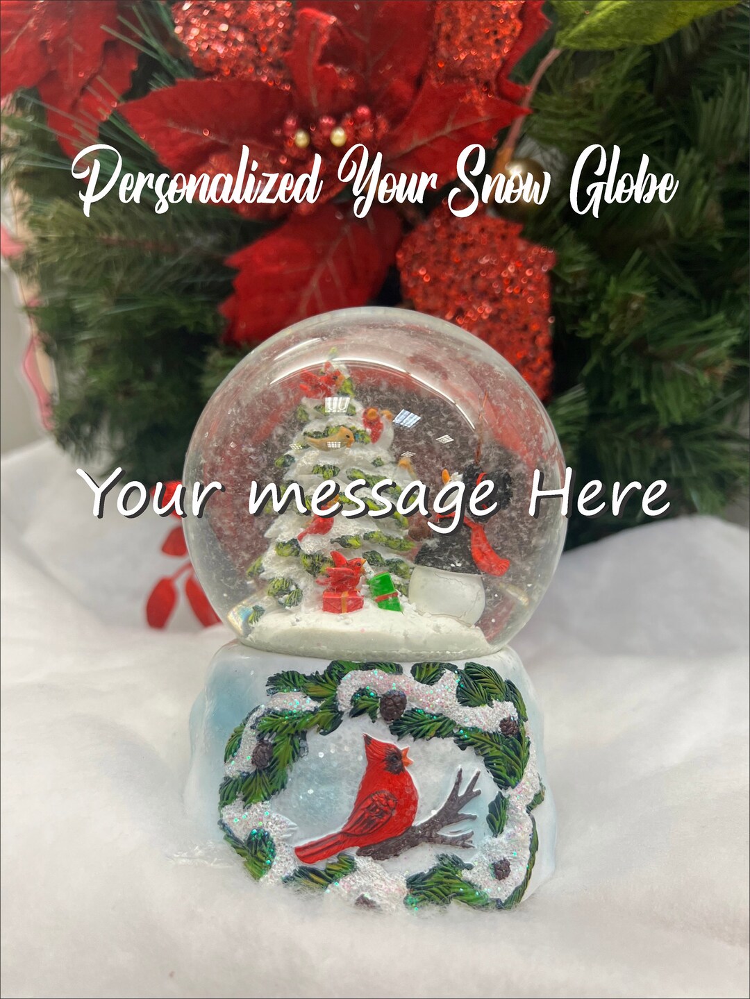 Custom Snow Globe Name or Your Message Musical Bird & Snowman Glitter