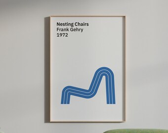 May include: A green armchair with a spring-coil side table and a framed poster that reads "Nesting Chairs Frank Gehry 1972" with a blue illustration of a chair.
