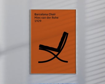 May include: A blue tufted sofa with a light pink side table and a brown wicker side table. A poster on the wall reads "Barcelona Chair Mies van der Rohe 1929".