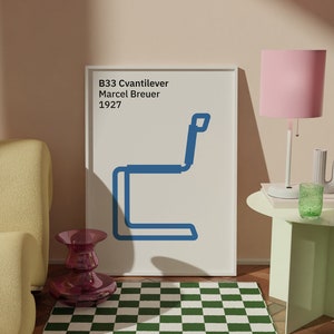 May include: A white framed poster with the text "B33 Cantilever Marcel Breuer 1927" and a blue line drawing of a chair. The poster is on a wall above a green and white chequered rug. A pink lamp with a white base sits on a light green side table.