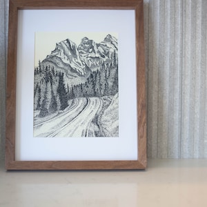 Black and White Landscape Art Print | Three Sisters Mountains Wall Art | Minimalist Nature Decor|  Pen and Ink Drawing