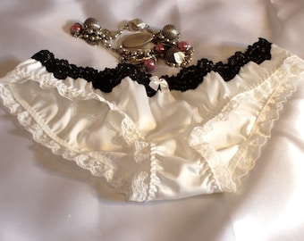 white satin knickers panties black lace trim hipster style panties sexy lingerie wife girlfriend Size XS