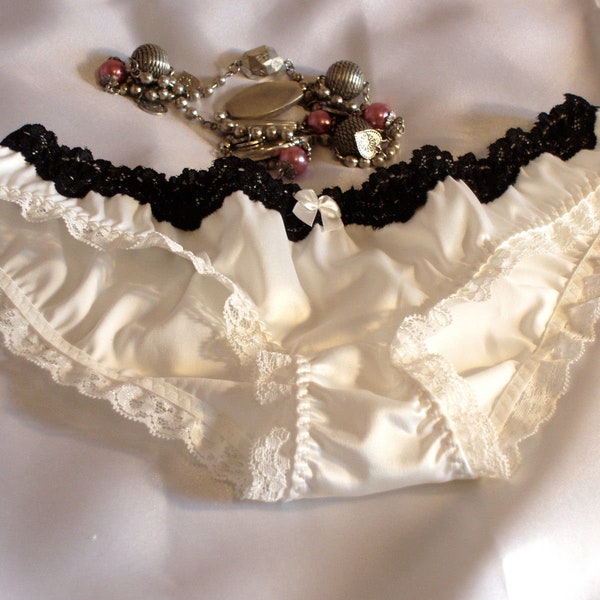 white satin knickers panties black lace trim hipster style panties sexy lingerie wife girlfriend Size XS