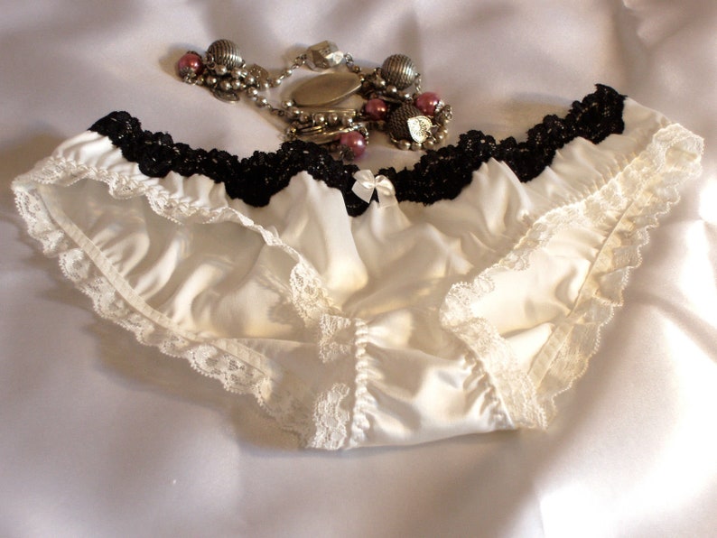 white satin knickers panties black lace trim hipster style panties sexy lingerie wife girlfriend Size XS image 1