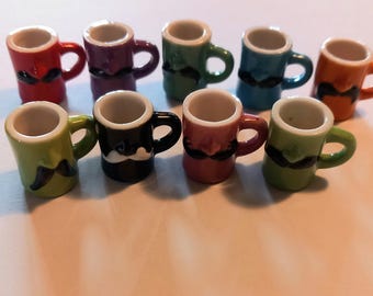 Mugs motif mustache 10 Miniature french coffee mugs porcelain miniature feves