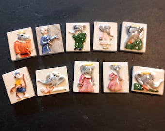 Elephant tile 10 feves Miniature french tiles tuiles decoration porcelain miniatures