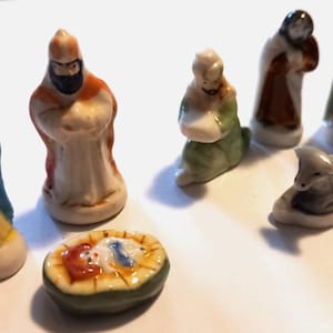 Nativite set Mary Joseph, 3 wise men, baby Jesus donkey French Feves miniature figures cake topper christmas decoration display