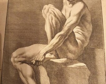 Print  Italian from copper engraving Pencil Nude Man Excellent Vintage Condition Homme Nu Georg Martin Preisler
