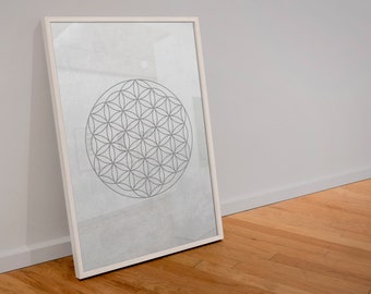 May include: A white framed print with a gray geometric design resembling a flower of life. The print is on a white background and is leaning against a white wall.