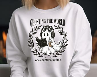 Ghost Bookworm Sweatshirt, Retro Fall Reading Sweater, Cozy Book Lover Sweater, Funny Introvert Reader Gift, Spooky Season Sweater