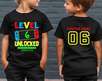 Custom Level 6 Unlocked T shirt, Front AND Back Print Birthday Boy Top, Kid's Sixth Birthday Gift, Family Matching Shirt, Boy Age 3,5,7,8,9