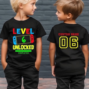 Level 6 Unlocked T-shirt, Front AND Back Print Birthday Boy Top, Kid&#39;s Sixth Birthday Gift, Family Matching Shirt, Gamer Boy Outfit