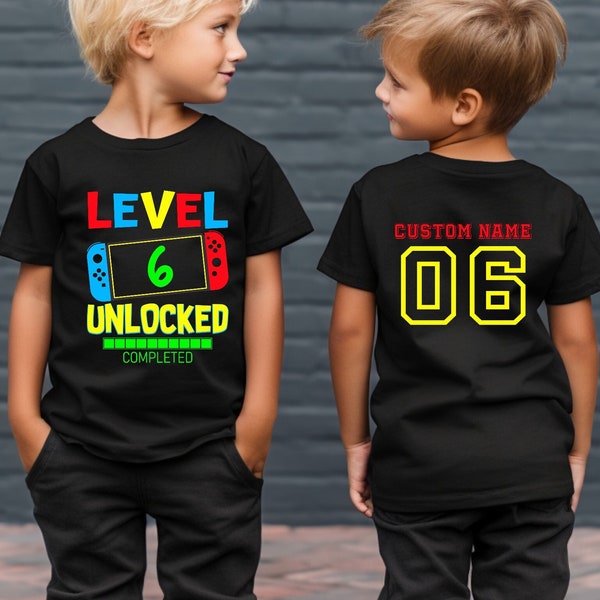 Level 6 Unlocked T-shirt, Front AND Back Print Birthday Boy Sweatshirt, Kid's Sixth Birthday Gift, Family Matching Shirt, Gamer Boy Outfit