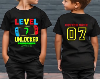 Level 7 Unlocked Youth T-shirt, Front AND Back Print Birthday Boy Sweatshirt, Kids Seventh Birthday Gift, Family Matching Shirt, Gamer Boy