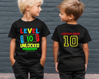 Custom Level 10 Unlocked Young Shirt,Front AND Back Print Birthday Boy Outfit,Kids Tenth Birthday Gift,Family Matching Tee,Boy Age 3,5,7,8,9