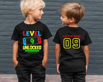 Kid Nineth Birthday Gift, Family Matching Shirt, Custom Level 9 Unlocked T-shirt, Front AND Back Print Birthday Boy Shirt, Boy Age 3,5,7,8,9
