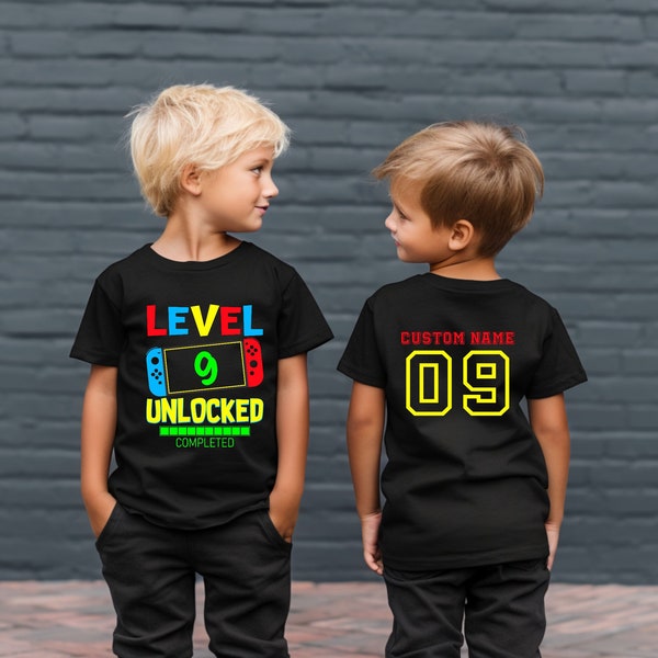 Level 9 Unlocked T-shirt, Front AND Back Print Birthday Boy Sweatshirt, Kid Nineth Birthday Gift, Family Matching Shirt, Gamer Boy Outfit