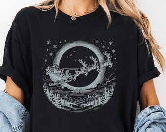 Vintage Sleigh Ride Comfort Color Shirt, Retro Christmas Santa Tee, Reindeer Night Sky Graphic, Classic Holiday Winter Shirt