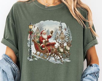 Vintage Sleigh Ride Comfort Color Shirt, Retro Christmas Santa Tee, Reindeer Night Sky Graphic, Classic Holiday Winter Shirt