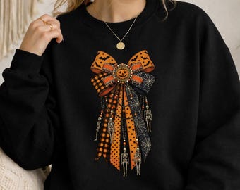 Retro Skull Skeleton Bow Sweatshirt, Vintage Halloween Sweater, Cute Spooky Top, Gothic Bow Sweater, Halloween Gift for Her