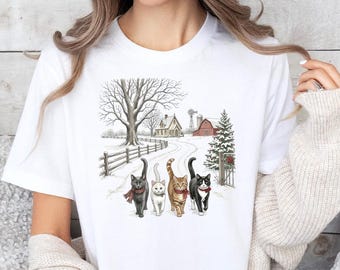 Vintage Cat Christmas Shirt, Rustic Winter Farmhouse Tee, Cozy Cottagecore Holiday Top, Cute Kitten Gift, Festive Snowy Shirt