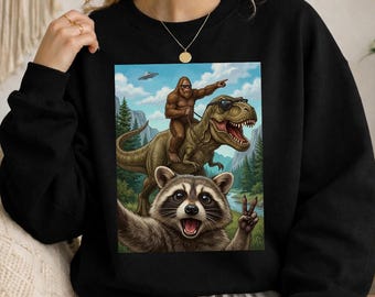 Raccoon Selfie Sweatshirt, Funny Woodland Animal Sweater, UFO Alien Adventure, Prehistoric Creature Humor, Quirky Funny Gift for Men Women