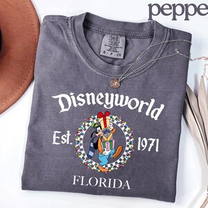 May include: Charcoal grey t-shirt with "Disneyworld" in white script, featuring a cartoon Goofy character holding gifts. The shirt includes "Est. 1971" and "Florida" in white text. A silver necklace with a pendant is on the shirt.