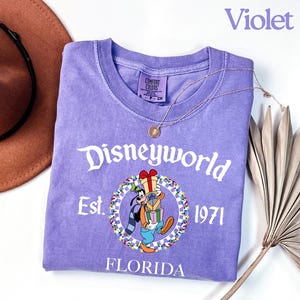 May include: A violet t-shirt with a Disneyworld graphic featuring Goofy holding gifts. The shirt includes the text "Disneyworld Est. 1971 Florida". A gold necklace and a brown hat are also in the image.