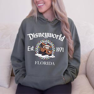 Pu&ograve; includere: Una felpa con cappuccio verde con la scritta "Disneyworld Est. 1971 FLORIDA". La felpa presenta una grafica di un'auto dei cartoni animati con un cappello da Babbo Natale all'interno di una ghirlanda di luci.