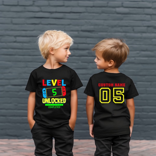Level 5 Unlocked T-shirt, Front AND Back Print Birthday Boy Sweatshirt, Kid Fifth Birthday Gift, Family Matching Shirt, Gamer Boy Outfit
