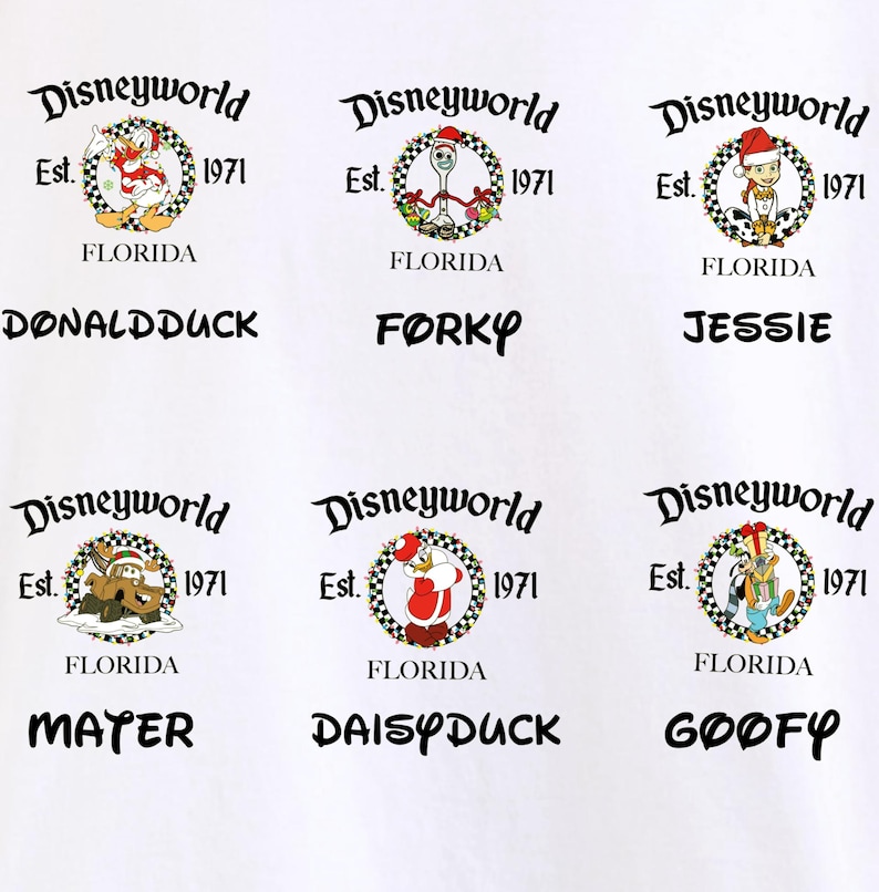 Pu&ograve; includere: Grafica bianca con sei loghi Disneyworld. Ogni logo presenta un personaggio diverso: Paperino, Forky, Jessie, Mater, Paperina e Pippo. I loghi includono il testo "Disneyworld", "Est. 1971" e "Florida".