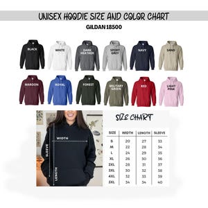 Puede incluir: Una tabla de tallas y colores de sudaderas con capucha unisex. La tabla muestra varios colores de sudaderas, incluyendo negro, blanco y azul marino. Una tabla de tallas muestra las medidas de ancho, largo y largo de manga en cm. Tambi&eacute;n se ve el texto "GILDAN 18500".