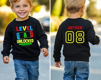 Level 8 Unlocked Sweatshirt, Front AND Back Print Birthday Boy Sweatshirt, Kid Eighth Birthday Gift, Family Matching Shirt, Gamer Boy Outfit