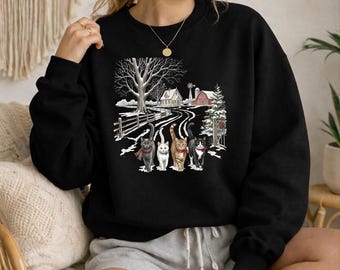 Rustic Christmas Cat Sweatshirt, Vintage Winter Cottagecore Sweater, Farmhouse Holiday Top, Cute Kitten Lover Gift, Cozy Snowy Barn Sweater