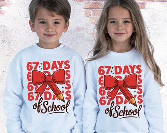 I Survived 67 Days of School Coquette Bow Sweatshirt, Funny 67 Days of School Tee, Six Seven Meme Teacher Sweat, 67 Days Christmas Sweater
