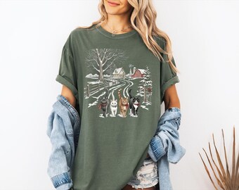 Comfort Color Cozy Christmas Cat Tee, Vintage Farmhouse Winter Shirt,Cottagecore Holiday Sweatshirt, Cute Kitten Lover Gift,Rustic Snowy Top
