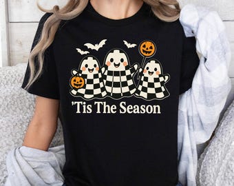 Comfort Colors® Cute Checkerboard Ghost Halloween T‑Shirt, Spooky Fall Graphic Tee