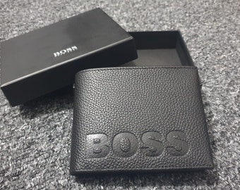 Men's Hugo Boss Emboss Black 100% Leather Wallet & Coin Holder Gift Set