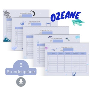 Timetable - Set | 5 pieces | Instant Download | A4 | printable | elementary school | oceans | sea | sea animals