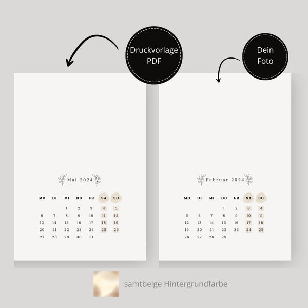 Druckvorlage Kalender 2024 | Fotokalender beige | Blätter Kalender | zum ausdrucken | personalisiert | deutsch | editierbar | Vorlage