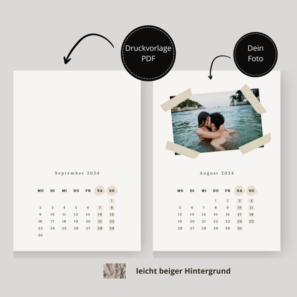 Druckvorlage Kalender 2024 | Fotokalender beige | Kalender schlicht | zum ausdrucken | personalisiert | deutsch | editierbar | Vorlage